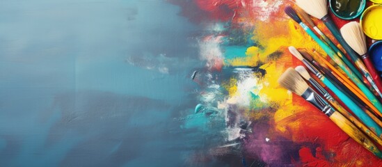 Aufkleber - Painting tools on color background top view. copy space available