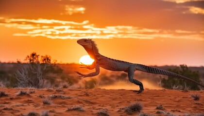 burnt orange dark red sky australian outback with frilled neck lizard running towrd me