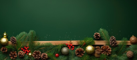 Poster - Christmas composition happy new year greeting banner Fir branches and wooden christmas toys on a green background Zero waste eco friendly concept Flat lay top view copy space