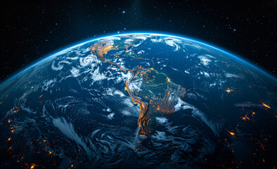 Planet Earth with detailed exaggerated relief at night lit by the lights of cities.