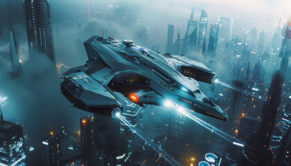 Wall Mural - A futuristic space ship is flying through a city with tall buildings