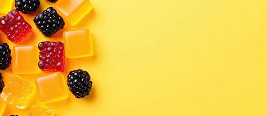 Candy heart Blackberry raspberry jelly gummy candy sweets on yellow color background Space for text Copy space Top view Flat lay