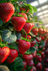 Wall Mural - Closeup of ripe red strawberries growing on the branch