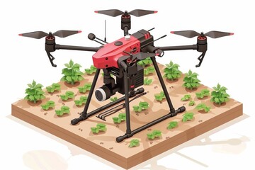 Wall Mural - Optimized farming with field drones, isometric analysis, and agricultural landscape illustration using advanced equipment and technology for aerial automation and fertilizing