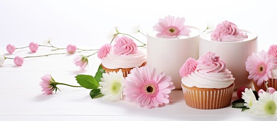 Wall Mural - Mother s day holiday brunch with cupcake craem and pink flowers on white background copy space