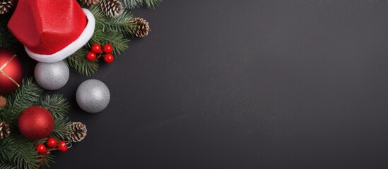 Aufkleber - Christmas hat on gray background and some christmas baubles Christmas template Chirstmas background Christmas and happy new year Concept Top View Flat lay Negative Space. copy space available