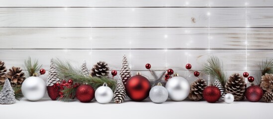 Poster - Different Christmas decorations on white wooden background. copy space available