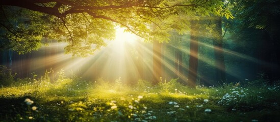 Fototapete - Sunny abstract green nature background with the bokeh of light through the trees as a background image. copy space available