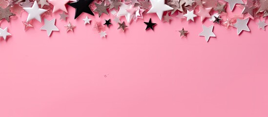Poster - Christmas Happy New Year composition with silver stars on pink background Greeting card flat lay top view copy space