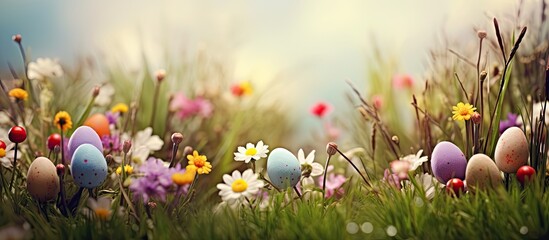 Poster - An Easter themed background featuring vibrant Easter eggs and abounding wildflowers perfect for a copy space image