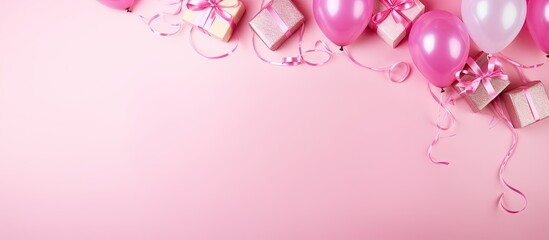 Poster - Flat lay composition with party items on pink background space for text Birthday celebration. copy space available