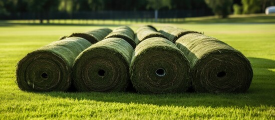 Wall Mural - stacks of sod rolls for new lawn. copy space available
