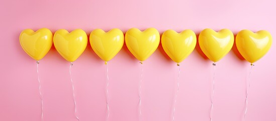 Poster - Heart shaped balloons and yellow card on pink background flat lay Space for text. copy space available