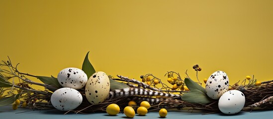 Aufkleber - quail eggs easter eggs willow branch green leaves yellow paper. copy space available