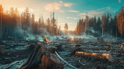 Wall Mural - Deforestation of trees by fire and logging. Environmental destruction increasing climate change and global warming