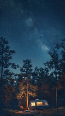 A small camper is parked in a forest at night