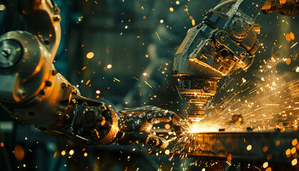 Wall Mural - A robot is working in a factory, surrounded by sparks and debris
