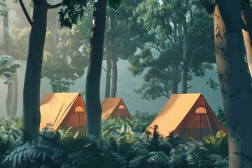 A group of three orange tents are set up in a forest