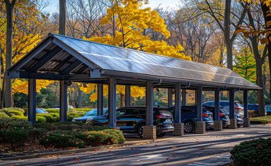 Solar panels on the roof of parking garage. A solar panel canopy covers an outdoor parking