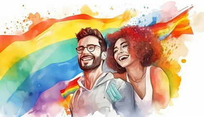 Wall Mural - A man and a woman are holding a rainbow flag