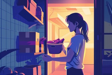 Poster - Woman holding a bucket of food in front of a refrigerator. Suitable for food and nutrition concepts