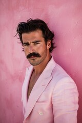 A man with a moustache wearing a pink suit, suitable for fashion or lifestyle themes