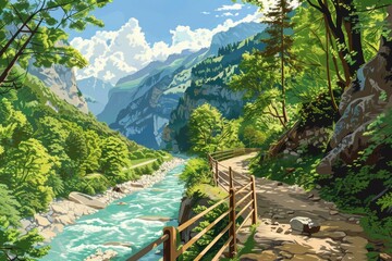 Poster - Scenic view of a river running through a lush forest. Ideal for nature and landscape projects