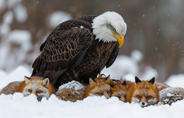 Wall Mural - Bald eagle and red foxes in the snow. A photo of an eagle sitting on top the body and head down