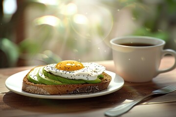 Wall Mural - A plate with avocado toast and a cup of coffee. Perfect for food blogs and social media posts