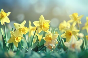 Poster - Bright yellow flowers blooming in lush green grass, perfect for springtime themes