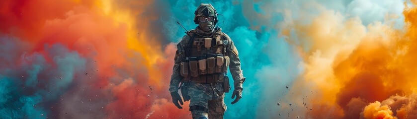 low angle on soldier using smoke grenade, colorful smoke in background, ultra detailed, 8K, war colors, sony a7,