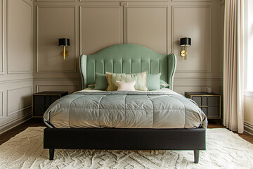 Wall Mural - Contemporary art deco bedroom featuring a front view of a mint green and dark grey bed, brass wall sconces, and a cream plush carpet.