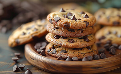 Wall Mural - Chocolate chip cookies on wooden plate