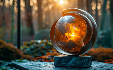 Wall Mural - Large metal globe stands on stone pedestal in park at sunset