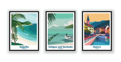 Wall Mural - Anguilla, Caribbean, Annecy, France, Antigua and Barbuda, Caribbean - Vintage Travel Posters. Vector illustration. High Quality Prints