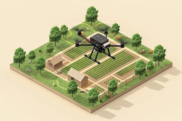 Efficient vector farm management with drone technology in isometric small land innovation using advanced farming techniques for agricultural field illustration and application