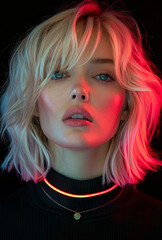 Wall Mural - Portrait of beautiful blonde woman with red neon light on her face