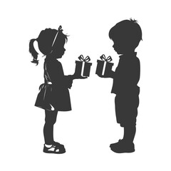 silhouette little girl and little boy couple exchange gift box black color only