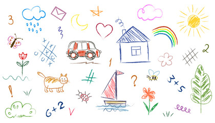 Wall Mural - Scribble style set, objects drawn by child, house, sun, clouds, rainbow, plants, car, sailboat, tic-tac-toe, numbers. Children drawing with chalk