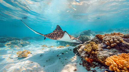 Canvas Print - eagle ray in shallow water of coral reef of caribbean sea, curacao