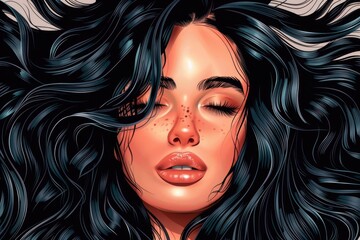 Poster - Close up of a woman with long black hair. Perfect for beauty and hair care concepts