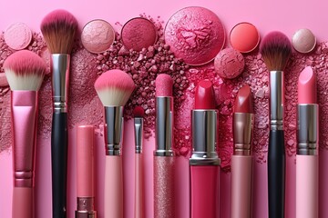 Beauty cosmetic makeup background Fashion woman make up product, brushes, lipstick, nail polish collection Creative pink concept Cosmetology make-up accessories banner, top view