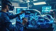 © Vladyslav  Andrukhiv - Engineer Wearing a Virtual Reality Headset, Using Controllers to Work in Digital Software and Streamline a Blue Concept Sportscar.