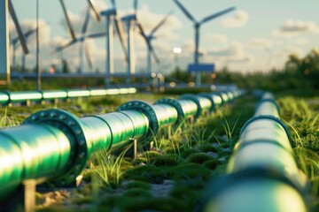 Poster - Industrial pipes in field with wind turbines in background. Suitable for energy or environmental concepts