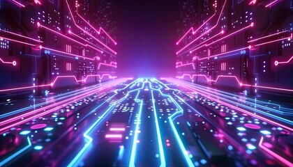 Wall Mural - a neon cityscape with a bright blue sky and a neon pink and purple background by ai generated image