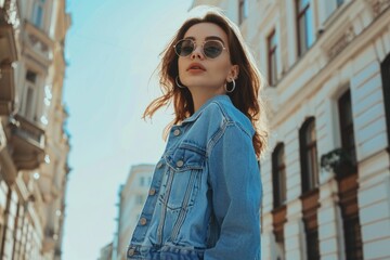 Sticker - A fashionable woman in a denim jacket and sunglasses, perfect for lifestyle and fashion content