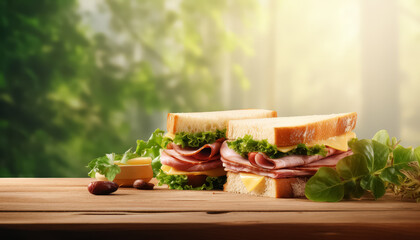 Wall Mural - A sandwich with ham and cheese is on a wooden table