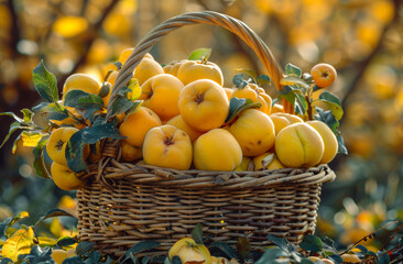 Yellow apples in basket in the garden. A basket full of fresh quinces in the garden
