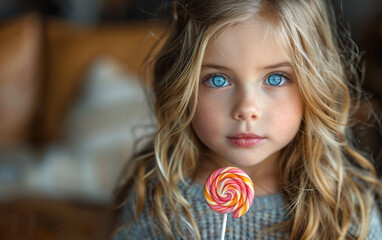 Wall Mural - Little girl with blue eyes holds lollipop in her hands.