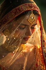 A woman wearing a red and gold headpiece and a gold necklace